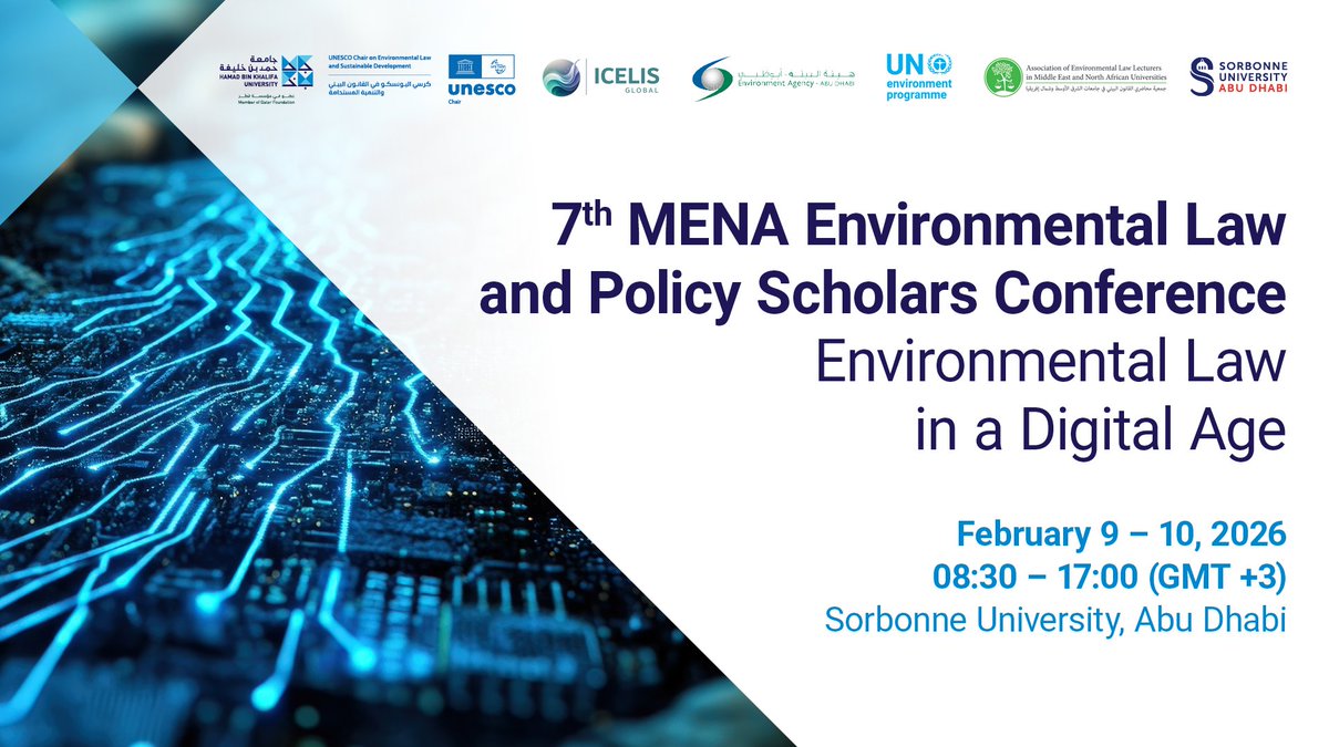 UNESCOChairHBKU's tweet image. Join the @UNESCOChairHBKU at the upcoming 7th MENA Environmental Law and Policy Scholars' Conference, which will be held in the United Arab Emirates, organized by the Association of Environmental Law Lecturers in Middle East and North African Universities (@ASSELLMU), and the…