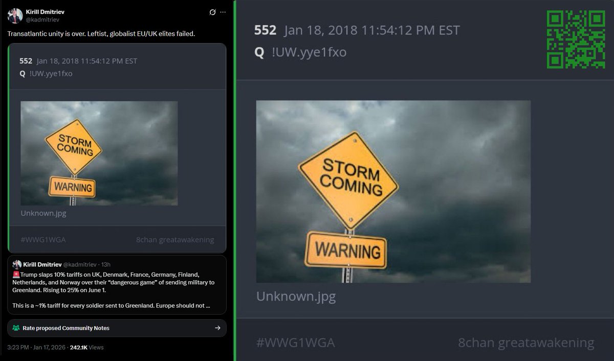 NotOpCue's tweet photo. 🇷🇺 Special Russian Envoy Kirill Dmitriev (@kadmitriev) has resumed @X Q posting following @USDOL and @WhiteHouse accounts, this time posting a literal Q drop (552) on it's 8 year delta which says "Storm Coming Warning" 🌩️  
https://t.co/6uFbFvnKsi
cc: @GovernmentRF @KremlinRussia_E @mfa_russia 
💊 https://t.co/4wLRRt4SKu