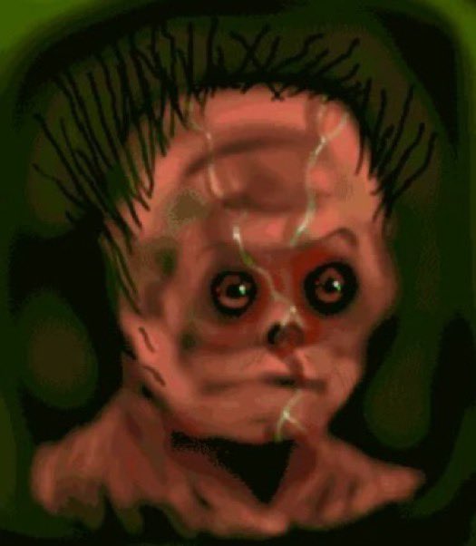 thegrayfruit's tweet image. cruelty squad is awesome because when you die enough times the game over screen depicts you as a chopped wojak