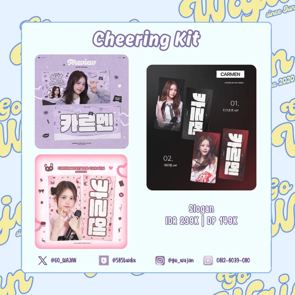 [ INA GO 🇮🇩]

PO Carmen - 2026 Cheering Kit for Carmen by <a href="/Lucky2clover_/">Lucky clover</a> 
 
Price
✨ IDR 239K | DP 149K

Form Order
📝 bit.ly/CKwjn

Close PO
📅 29 January 2026, 15.00 WIB

Additional Information
💳 Bank/QRIS/Sppy
💰 Pay with DP
✅ Est. Cargo Tax
❌ Shipping Local KR