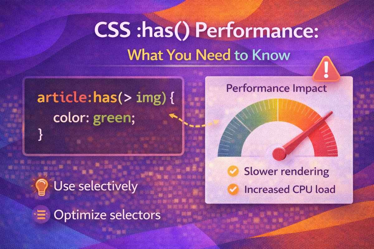 I've been using CSS :has() to replace JavaScript state logic, but here's the thing: it can tank performance if you're not careful.

Deep nesting = expensive recalculations.

Here's how to keep your apps snappy while using the parent selector 👇

alexanderburgos.netlify.app/blog/css-has-p…