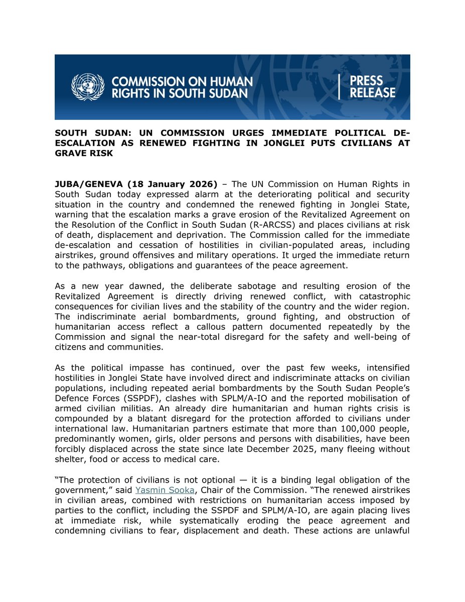 UNCHRSS's tweet image. Deteriorating political and security situation in #SouthSudan is placing civilians at risk of death, displacement and deprivation

The Commission urges immediate political de-escalation and cessation of hostilities in civilian-populated areas

#SSOX