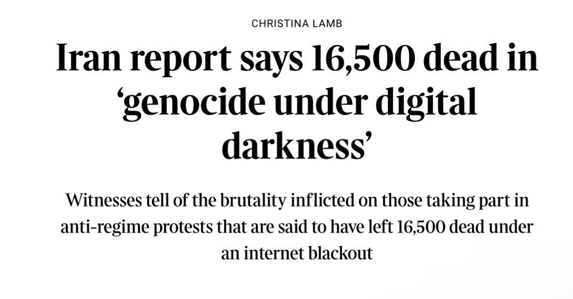 🚨🇮🇷 A shocking new report published by The Sunday Times confirms that over 16,500 protesters have been killed and 330,000 injured during recent protests in Iran.