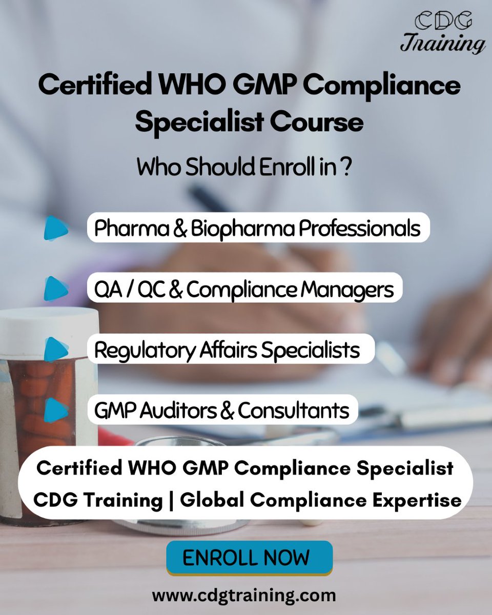 cdgtrainings's tweet image. Certified WHO GMP Compliance Specialist course?

Enroll here:
cdgtraining.com/courses/Certif…

#whogmp #gmpcompliance #whogmptraining #gmpcertification #pharmaceuticalquality #pharmacompliance #gmpaudit #qualityassurance #qualitycontrol #pharmaceuticalmanufacturing #regulatorycompliance