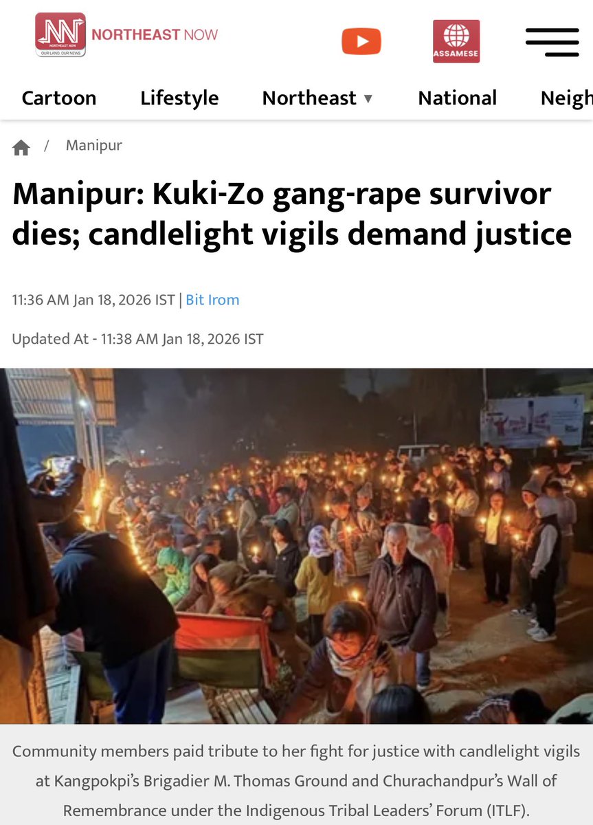 Manipur gang rape survivor dies !!

A woman from the Kuki-Zo community who was gang-raped after being kidnapped by a group of men in Manipur's Imphal, has died from an illness aggravated by the trauma she endured over the past 32 months.

Her family stated that she never