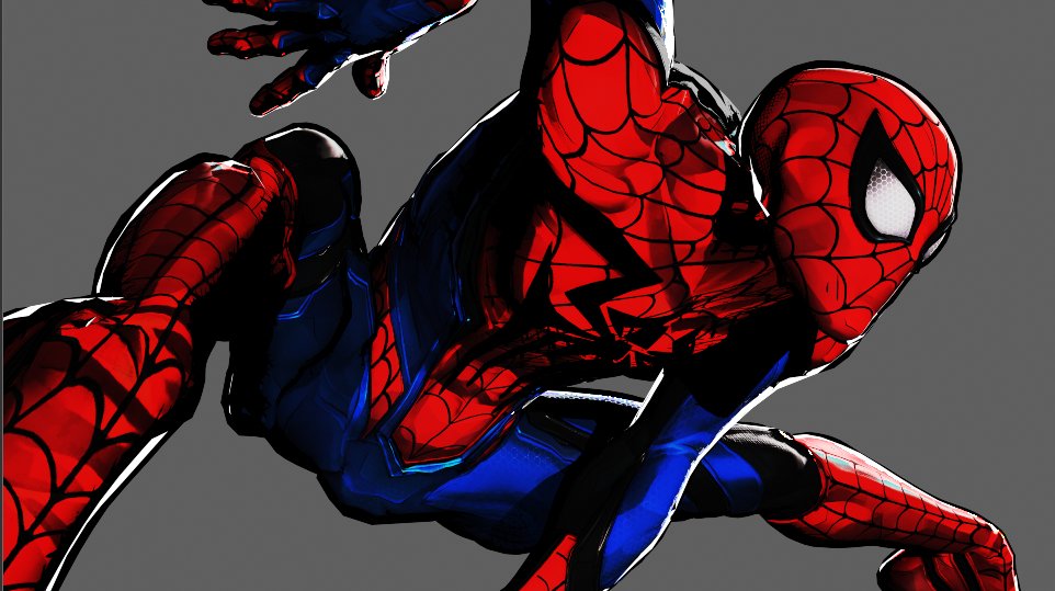 testing comic book shader in blender with spidey-man ignore the model stretching I wanted to do a super exaggerated pose and broke it a bit lol