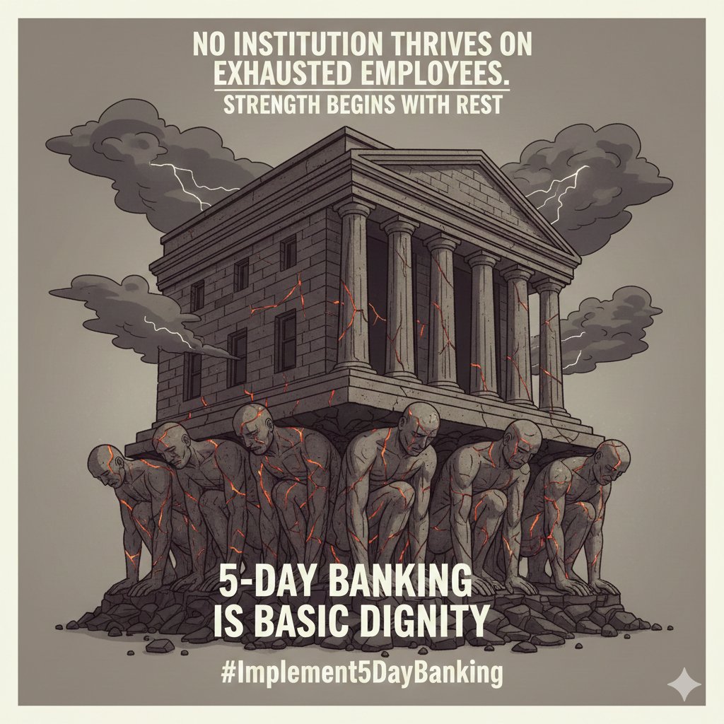 VASUVK's tweet photo. Strong institutions don’t stand on exhausted shoulders.
No institution thrives on burnt-out employees.
Strength begins with rest.
5-Day Banking is Basic Dignity.
#Implement5DayBanking https://t.co/OD0bdq8N3F