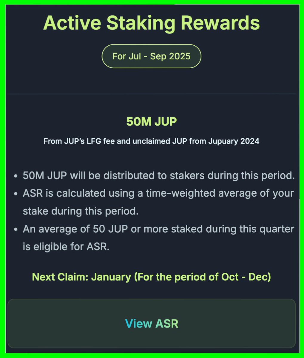 Looks like your $JUP ASR rewards are going live this month 🪐👀 Just  checked the ASR page and it clearly says: “Next Claim: January (For the  period of Oct - Dec)” Jupuary +