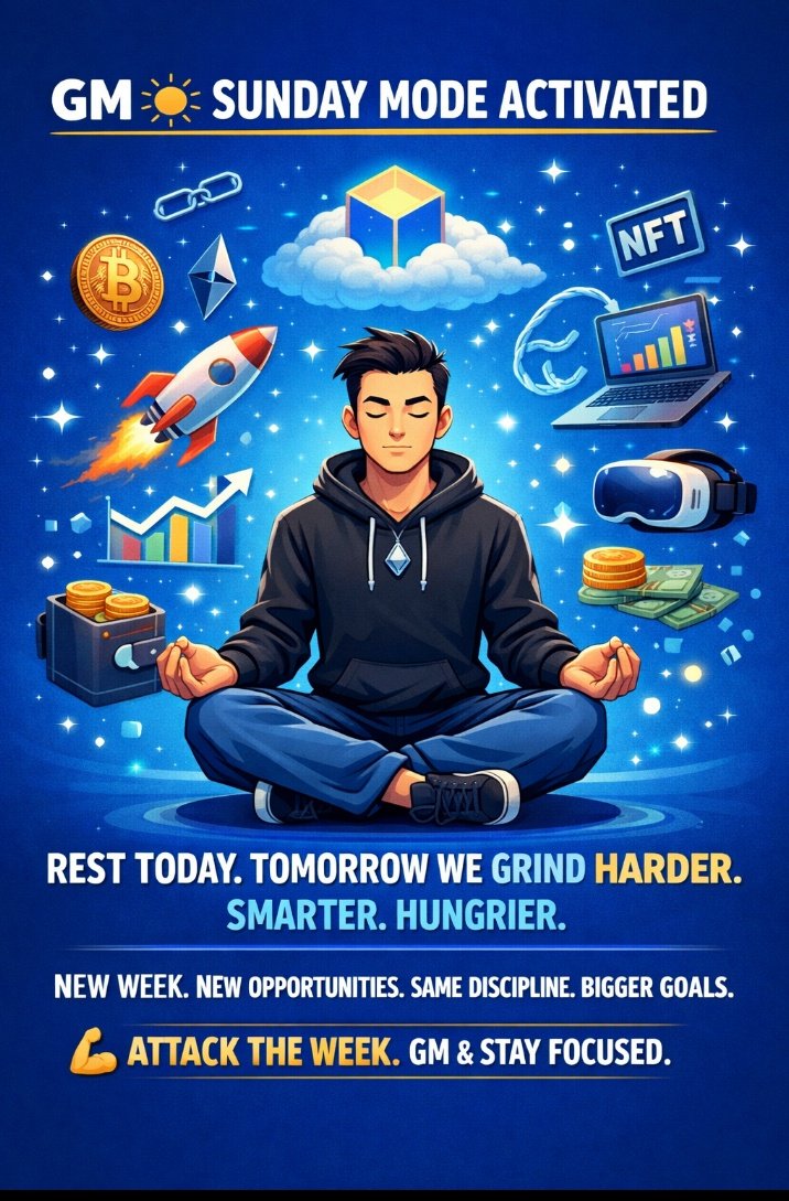 Abstract_web3's tweet image. GM ☀️ Sunday Mode Activated
Rest today, but don’t get too comfortable.
Sunday is for resetting the mind, sharpening the vision, and loading energy for what’s coming.
Tomorrow we grind harder, smarter, and hungrier.
New week. New opportunities. Same motifs.
#Web3 @naughtyLawrence
