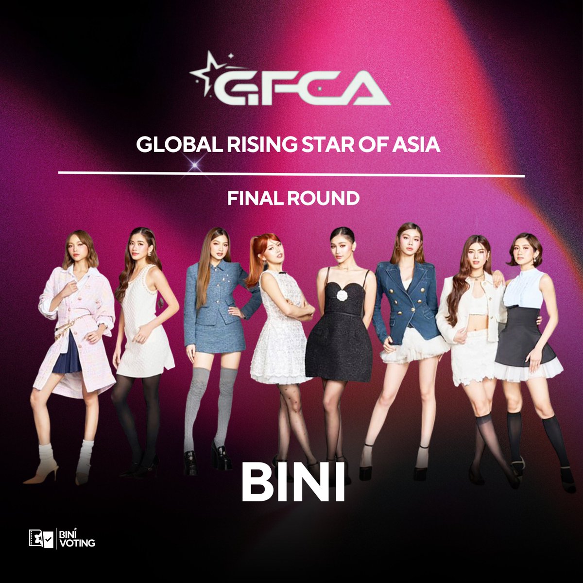 [📣] 2025 GLOBAL FAN'S CHOICE AWARDS

Hello BLOOMs! 🌸
This is your reminder to vote for BINI for Global Rising Star of Asia in the 2025 Global Fan's Choice Awards!

Final round duration: January 19-February 2, 2026

Please note that we are not going to open a donation drive for