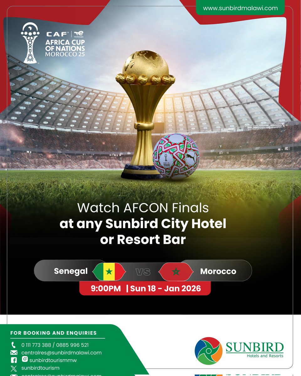 Watch the AFCON finals at any Sunbird hotel or resort bar today ⚽️⚽️⚽️.

Who will win? Senegal or Morocco🔥🔥🔥?

#AFCON
#thehomeofhospitality