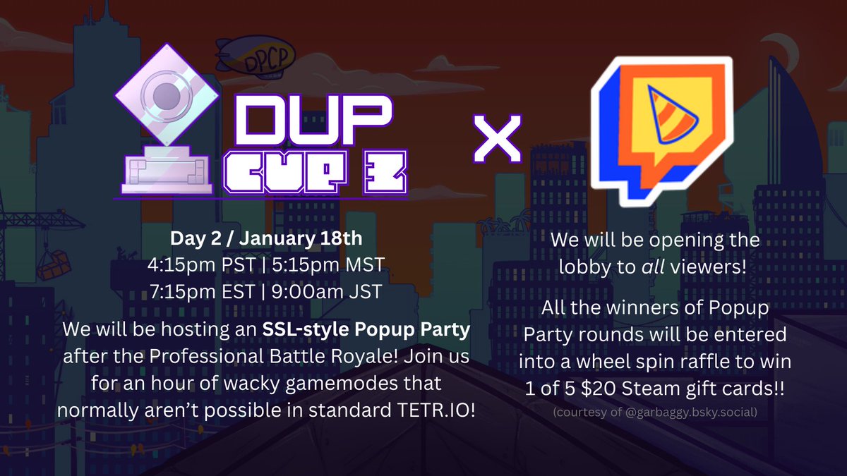 Dubstep298's tweet image. So you might be wondering, what's that "?????" on the graphic supposed to mean?

After months of planning, I am excited to announce that The Dup Cup is playing host to AN SSL-STYLE POPUP PARTY! VTubers and viewers alike will play together in a lobby full of exclusive gimmicks!