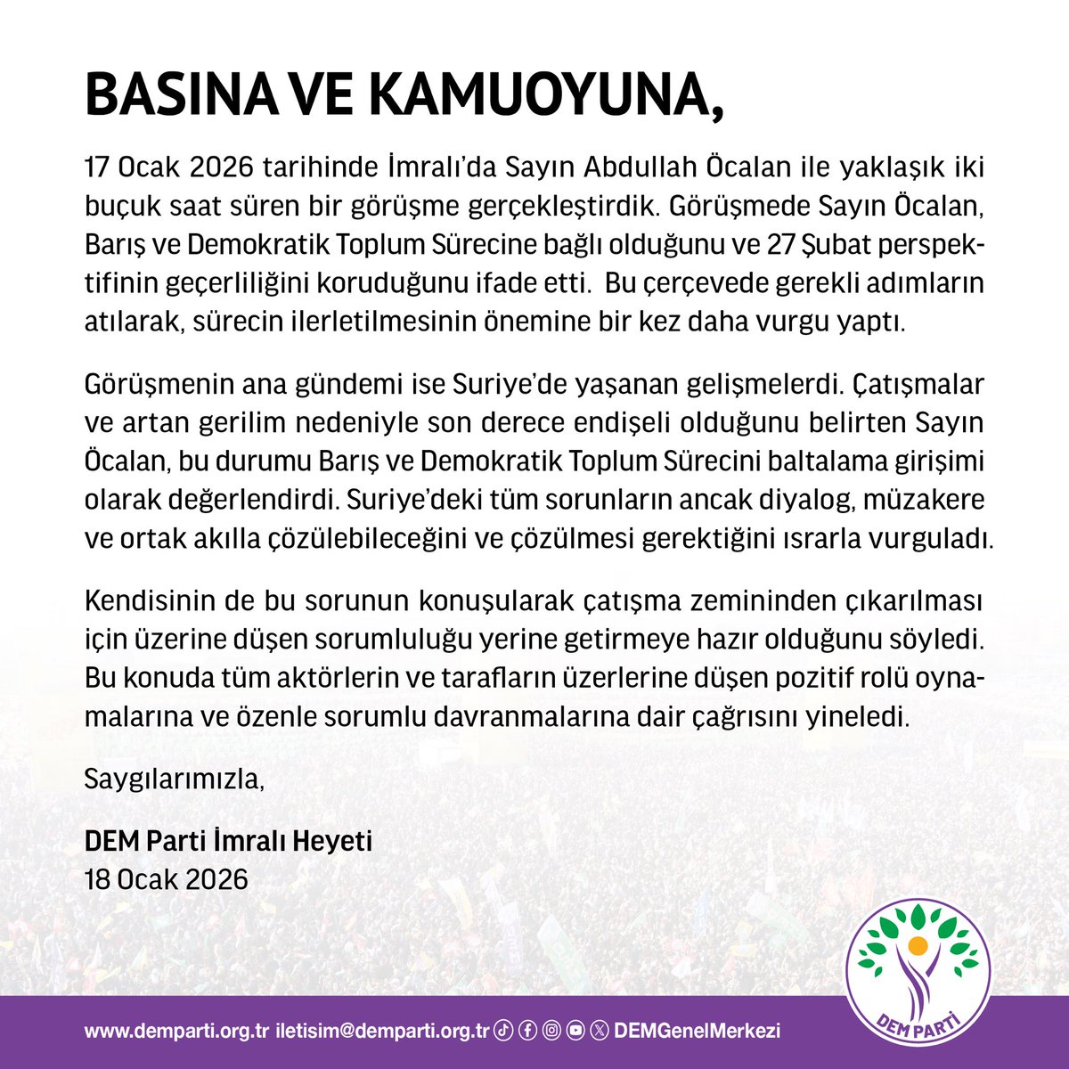 DEM Parti İmralı Heyetinin, Sayın Abdullah Öcalan ile yaptığı görüşmeye ilişkin açıklaması:

demparti.org.tr/tr/basina-ve-k…