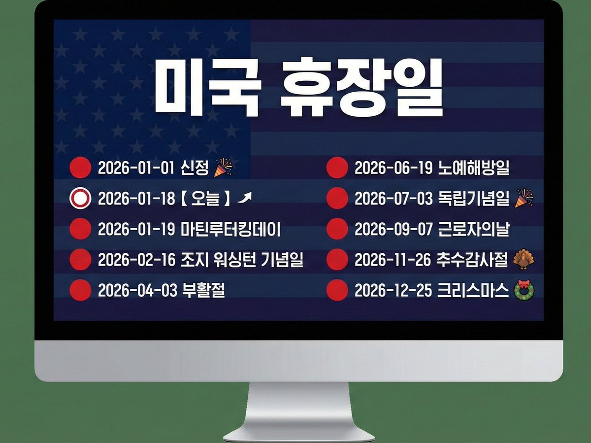 미국 휴장일 내일 19일 마틴루터킹데이 미국증시 휴장 입니다 🔴 2026-01-01 신정 ⚪ 2026-01-18 【 오늘 】 🔴  2026-01-19 마틴루터킹데이 🔴 2026-02-16 조지 워싱턴 기념일 🔴 2026-04-03 부활절 🔴 2026-05-25  메모리얼데이 🔴 2026-06-19