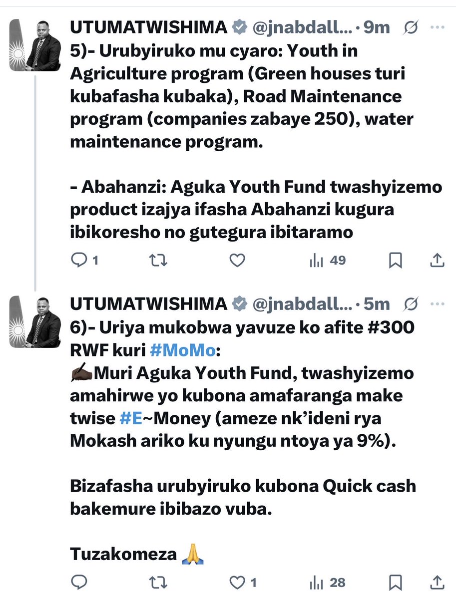 jnabdallah's tweet image. Urubyiruko mfite mu nshingano rufite ikibazo cy’umurimo (~18%). Ibyo turabizi, niyo mpamvu guhanga imirimo ari mu bya mbere by’ibanze bya #Leta yacu

Ugaragaje ko akennye, ko ashonje, cg ko ari kwirwanaho, ni ukumutega amatwi tukamwereka amahirwe dushyira hamwe nk’inzego zose 🙏.