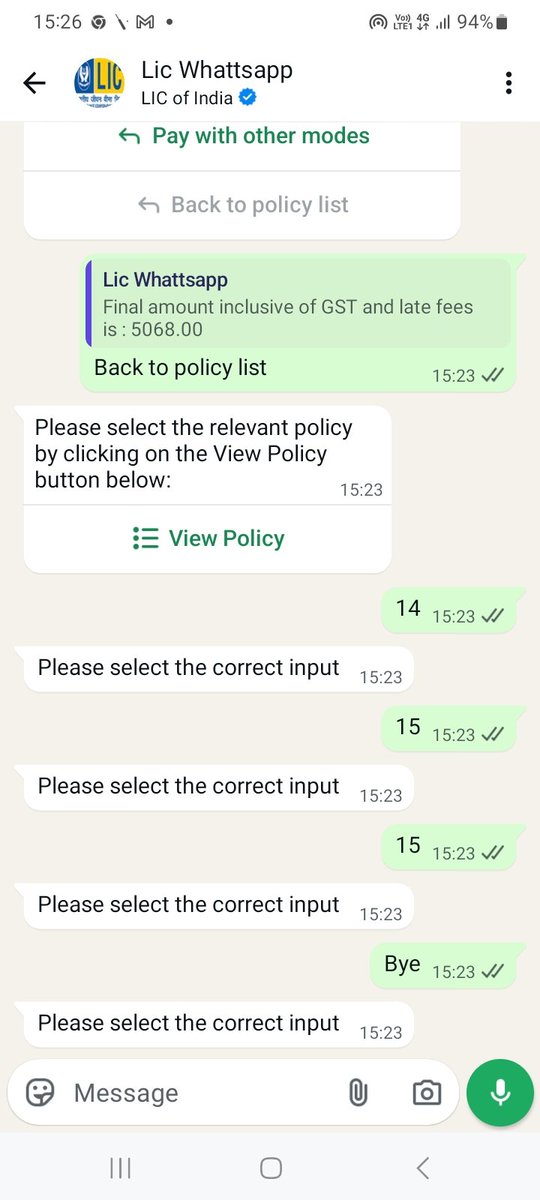 rahul825301's tweet photo. @LICIndiaForever @LICIndiaPolicy
All my details like pan mobile email added on ur customer portal still not able to pay premium online. Tried on whattsapp seems a crap.seems it's looping..can help https://t.co/4UTSSuUW87