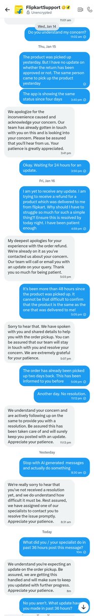 D7777777K's tweet photo. @flipkartsupport The brilliant responses provided by @flipkartsupport. At least they are using technology somewhere 👏 https://t.co/86gcoMTZo1