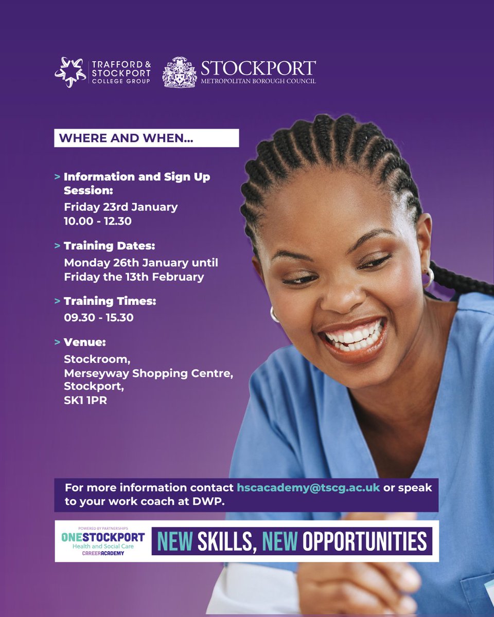 A New Health and Social Care Career Academy is launching this week, in partnership with the Trafford and Stockport College Group! 

The first information and sign up session will take place on Friday 23 January, 10 - 12:30pm at Stockroom in Merseyway.

👉 orlo.uk/Y7yXc