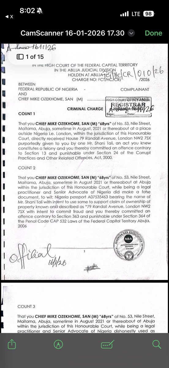 ataweweattorney's tweet image. In furtherance to the UK judgment, a criminal charge has been instituted against Mike Ozekhome  in Suit No: FCT/HC/CR/010/2016 Between FRN v . Mike Ozekhome,SAN…

@WATLegal @tunmishe_ @Eneegmanuelllll @RidwanuLlah @The_Ogundipe @darknbold1