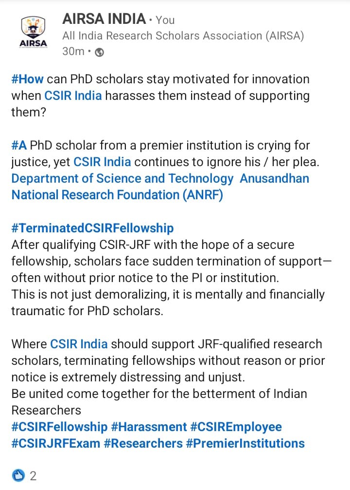 AIRSAIndia's tweet photo. A scholar from India’s premier institute qualified @CSIR_IND-JRF, yet the PhD Student voice goes unheard.
Fellowship terminated without any notice to the host institute, and repeated requests were ignored.
Asking for a rightful fellowship is not a crime #CSIR_JRF 0@DrNKalaiselvi https://t.co/lDBJv9bGwo
