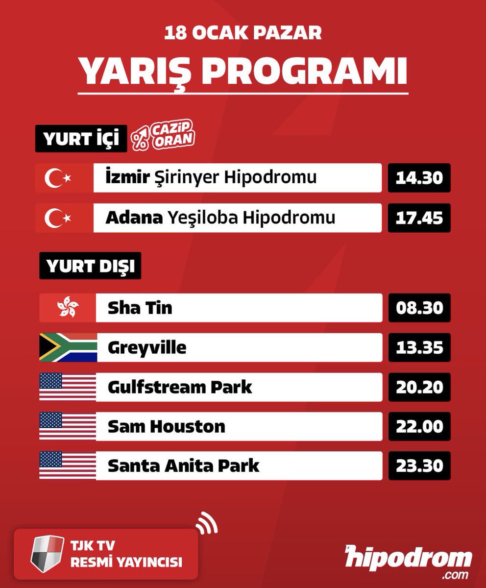 SON DÜZLÜK” 🐎 Vakti…
🍀MUTLU PAZARLAR🍀
Dünkü koşuların analizi,dikkat çekenler ! 
📍Bugünkü İzmir ve Adana yarışlarından son dakika bilgileri ve detaylı analizleri 🐎🐎🐎
🖍️Sektörel gündem ve çok daha fazlası…
🎁 🧢Nostalji Kuşağı ve Yarışma Sorumuz 
📍Katkı ve katılımlarınız