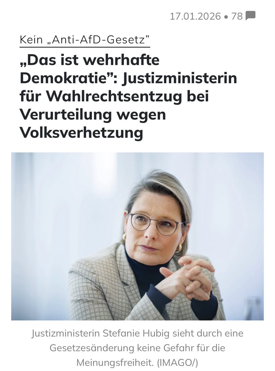 Ich drösle das mal auf:

Eine von linken Ideologen unterwanderte Justiz verurteilt willkürlich politische Oppositionelle wegen "Volksverhetzung", um ihnen das Wahlrecht entziehen zu können.

Die SPD-Justizministerin nennt das dann „werhafte Demokratie“ und „keine Gefahr für die