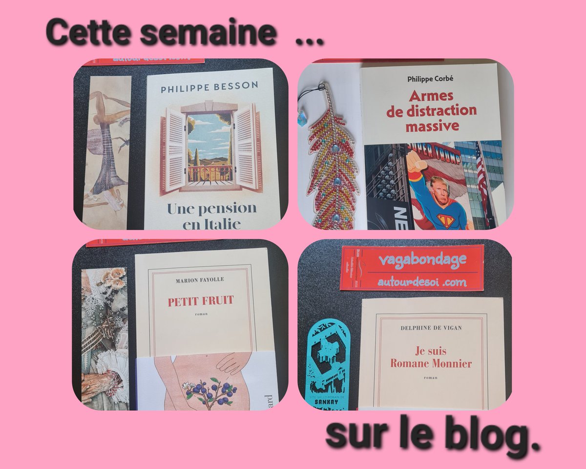 Matatoune1's tweet image. Cette semaine sur
vagabondageautourdesoi.com 
#Julliard #UnepensionenItalie 
#PhilippeBesson @EditionsGrasset @PhilippeCorbe
#Armesdedistractionmassive
@Gallimard @marionfayolle
#PetitFruit  @DelphineDeVigan
#JesuisRomaneMonnier  @Babelio @NetGalleyFrance