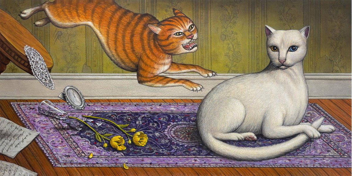 TheldlerWheel's tweet image. Too late. I have already depicted myself as the unbothered white cat and you as the seething orange tabby cat.