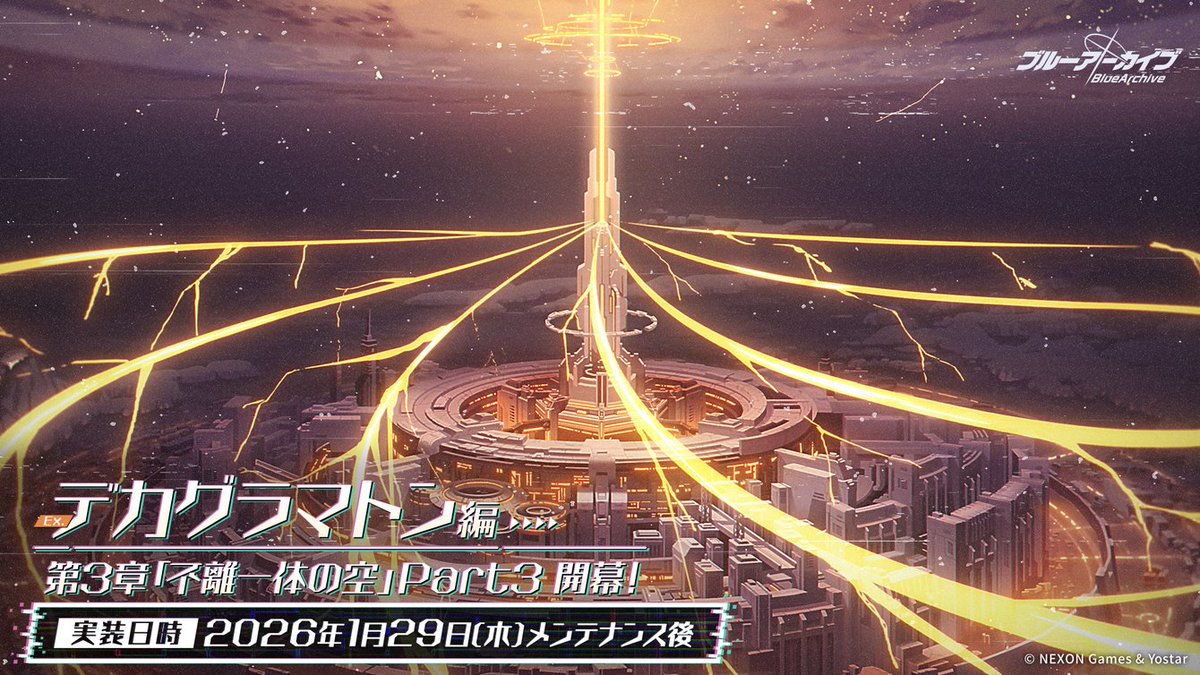 Blue_ArchiveJP's tweet image. 【新情報⑧】
さらにさらに、1月20日(火)メンテナンス後には、Ex.「デカグラマトン」編 第3章「不離一体の空」Part2が、
そして1月29日(木) メンテナンス後には、「不離一体の空」Part3が公開されます！
#ブルアカ
#ブルアカらいぶ5周年SPDAY2