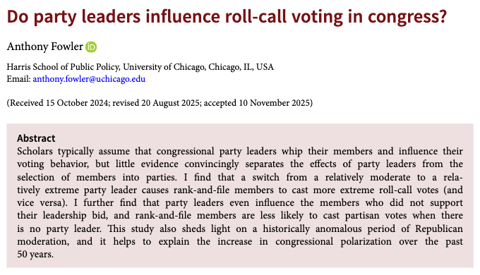 PSRMJournal's tweet image. 🏛️Do party leaders influence roll call voting in the US Congress?

➡A Fowler shows that switching from moderate to more extreme leaders pushes rank and file members toward more extreme roll call votes and less partisanship without a leader cambridge.org/core/journals/… #FirstView