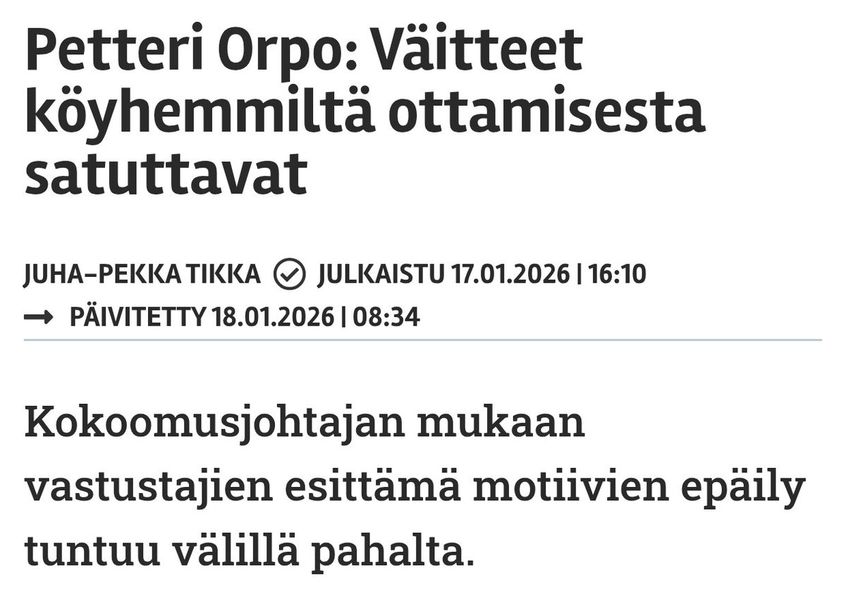 Vain kokoomuslainen pystyy tähän. Ottamaan köyhiltä, ajamaan tuhansia lapsia köyhyyteen, lisäämään asunnottomuutta ja kaikkien näiden jälkeen näkee itsensä uhrina.

Tämä tekopyhyys on valtavaa. Orpo on Saksikäsi rinnallaan leikannut ihmisiltä ja nyt Orpo on se suurin uhri. Pthyi!