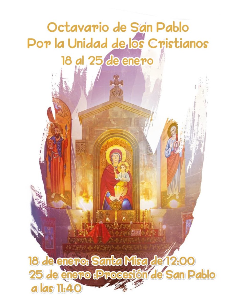 Comenzamos hoy el Octavario de San Pablo por la Unidad de los Cristianos.
18/01, Misa de 12 h.
19-24/01, Misa de 19 h.
25/01, Procesión de San Pablo a las 11:40 h.
25/01, Misa de 12 h.
Pidamos al Señor que conceda la unidad a los que creemos en Cristo
<a href="/ParroquiaYepes/">Parroquia Yepes To</a>
<a href="/architoledo/">Archidiócesis de Toledo</a>