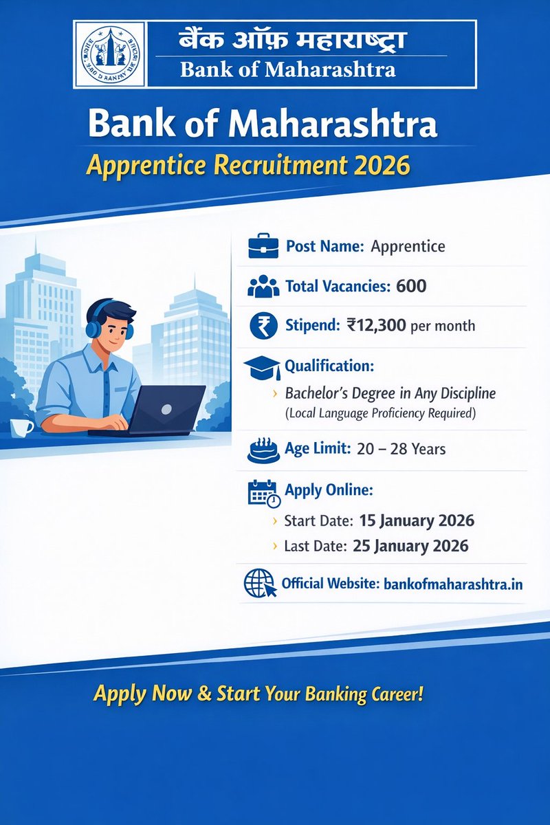 DailyGovtJobsIN's tweet photo. 1️⃣ 📢 बैंक ऑफ महाराष्ट्र ने अप्रेंटिस भर्ती 2026 के लिए नोटिफिकेशन जारी किया है। कुल 600 पदों पर भर्ती होगी।
#BankOfMaharashtra #Apprentice2026 https://t.co/erOf8aWotT