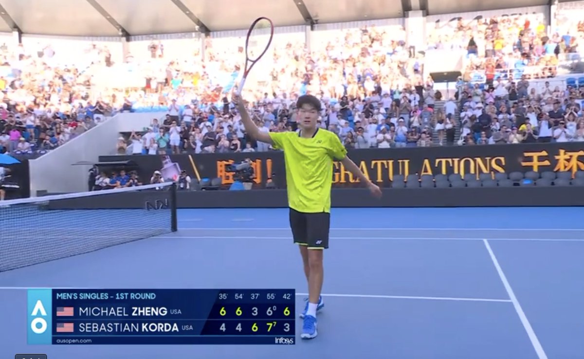 josemorgado's tweet image. WOW.

Michael Zheng, playing his first career tour-level match and coming from qualies, defeats former top 15 Sebi Korda at the #AusOpen.