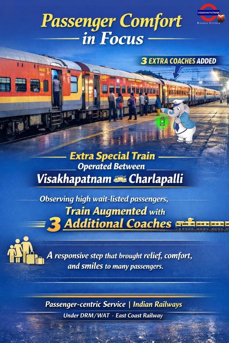 <a href="/ongole_railfan/">Ongole rail</a> <a href="/Visakhavaasi/">Anonymous🍥</a> <a href="/Chikudasji/">Chiku Das, Social Worker (Sabka Das- Chiku Das)</a> <a href="/_Waltair2911/">Random Guy</a> <a href="/shark_mendy/">VIZAG For ALL</a> <a href="/GopiKishorRaja2/">GopiKishorRaja</a> <a href="/VSKPJn/">Visakhapatnam Rail Users</a> <a href="/rail_fan_vskp/">Karun Induri-A Rf From VSKP🙏</a> <a href="/DRMWaltairECoR/">DRMWALTAIR</a> <a href="/drmvijayawada/">DRM Vijayawada</a> <a href="/vizaginsight/">Vizag Insight</a> <a href="/Karthikjillella/">🅹🅺 ☯</a> <a href="/13Irvamsi/">RAGHUVAMSI_2002 🚄</a> <a href="/EastCoastRail/">East Coast Railway</a> <a href="/ravitejak07/">Raviteja</a> <a href="/GMSERAILWAY/">GM/SER</a> <a href="/SCRailwayIndia/">South Central Railway</a> <a href="/Eswararao2517/">❤Indian Rail Lover❤🚂🚋🚃🚋🚃🚋🚃❤</a> <a href="/RailMinIndia/">Ministry of Railways</a> <a href="/AshwiniVaishnaw/">Ashwini Vaishnaw</a> <a href="/VizagPanda/">VizagPanda</a> <a href="/eswarkanchu/">Eswar Kanchumurthi</a> <a href="/katam_ss/">Katam SS Chandra Rao</a> <a href="/UttamChakram/">సర్వే సంతు నిరామయాః</a> <a href="/CapitalofAndhra/">Vizag - True Capital of Andhra Pradesh</a> <a href="/VizagBrand/">#BrandVizag</a> <a href="/jinxed_jiggler/">Srinath Tudu</a> <a href="/saptagiriulaka/">Saptagiri Ulaka</a> <a href="/Odisha_Stories/">Odisha Stories</a> <a href="/odisha_tourism/">Odisha Tourism</a> <a href="/SWRRLY/">South Western Railway</a> <a href="/BJP4Andhra/">BJP ANDHRA PRADESH</a> <a href="/RailwaySeva/">RailwaySeva</a> <a href="/narendramodi/">Narendra Modi</a> <a href="/BJP4India/">BJP</a> <a href="/kishanreddybjp/">G Kishan Reddy</a> <a href="/drmsecunderabad/">DRM Secunderabad</a> <a href="/drmhyb/">Hyderabad Division</a> <a href="/PMOIndia/">PMO India</a> <a href="/DRMKhurdaRoad/">DRM KhurdaRoad</a> <a href="/DRMSambalpur/">DRMSambalpur</a> <a href="/DarshanaJardosh/">Darshana Jardosh</a> <a href="/AnupSatpathy/">Babu</a> <a href="/drmgnt/">Guntur Division</a> <a href="/Vskpism/">VISAKHAPATNAMISM</a> Post : 383/25-26

Turning waitlists into smiles!😊
To clear passenger rush, 3 extra coaches (1 AC 2-Tier, 2 Sleeper) have been added to the 08517/8 Vizag–Charlapalli Special Train. Great initiative by <a href="/DRMWaltairECoR/">DRMWALTAIR</a> Shri Lalit Bohra. 🛤️🙌 #ServiceBeforeSelf #Vizag #RailwayUpdate