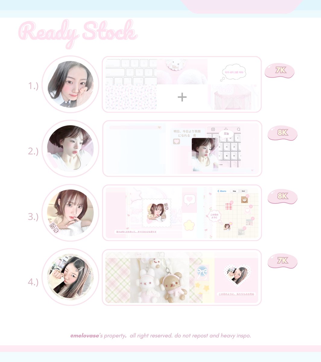 sejutadollars's tweet image. ꒰ 💌 ꒱ help repost, please (˶˃ ᵕ ˂˶) .ᐟ

Ი𐑼 ...kaka!!!! lova membawa 8 layout gg &amp;amp; ulzzang ready stock nyang siap dijemput langsung ⪩. .⪨ avail muse wonhee, jiwoo, moka, stella, gaeul, yujin, &amp;amp; ulzzang ˚⊹ ᰔ

𐔌 #zonauang #zonaba ꒱