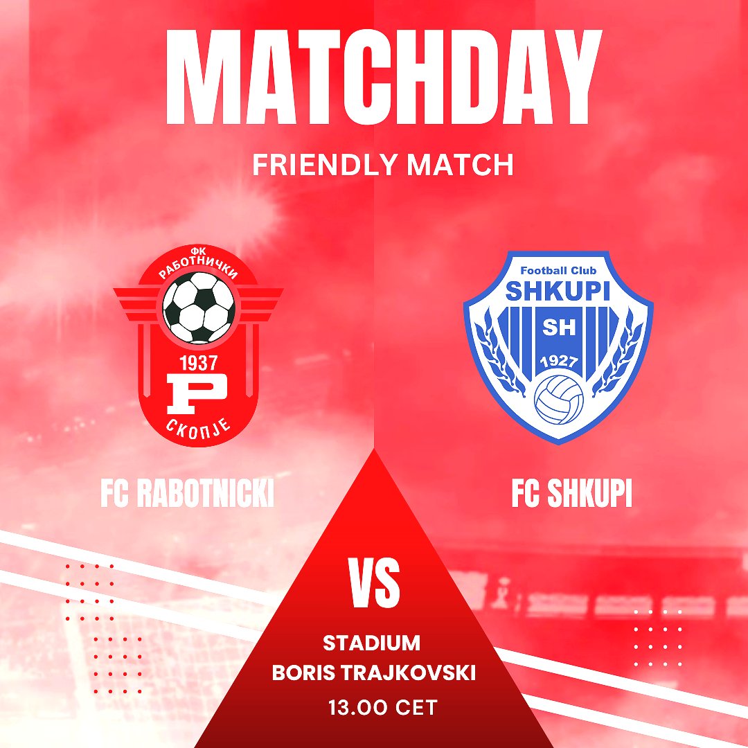 ⚽ FC Rabotnicki 🆚 FC Shkupi
🏆 Friendly match
🏟 Stadium Boris Trajkovski
⏰ Matchday | 13:00

#fcrabotnicki