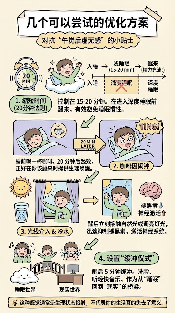 Linbintalk's tweet image. 不知道从什么时候开始，大概有好几年了，经常在午睡醒来后会有一种强烈的虚无感，情绪低落，体会不到生活的意义。虽然知道这是幻觉，但一直不清楚背后的原因，突发好奇让AI 解释了下，清晰多了。顺便整理了一份应对方案，如果你也有类似的经历，希望有用