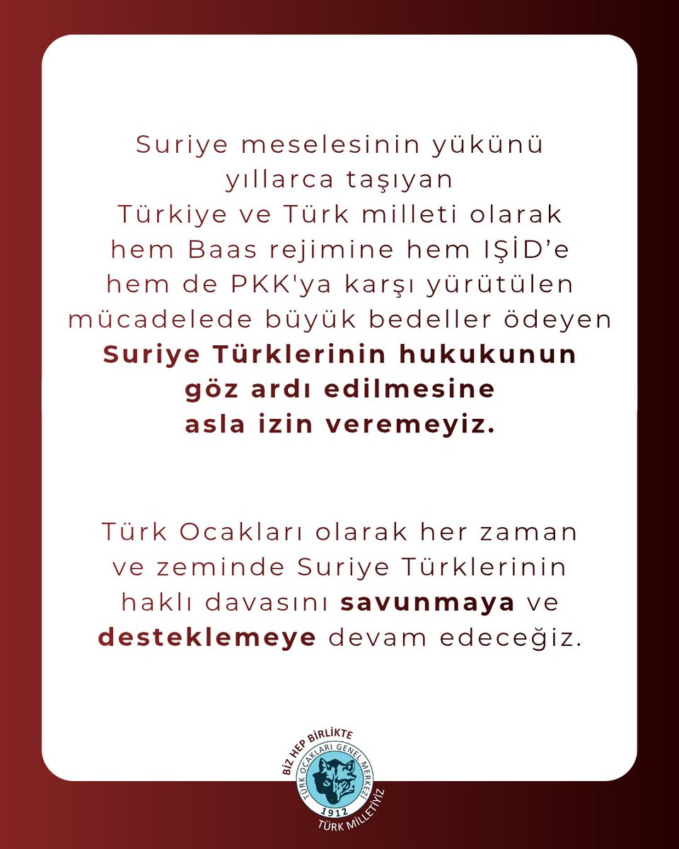 #Suriye meselesinin yükünü yıllarca taşıyan Türkiye ve Türk milleti olarak hem Baas rejimine hem IŞİD’e hem de PKK'ya karşı yürütülen mücadelede büyük bedeller ödeyen Suriye Türklerinin hukukunun göz ardı edilmesine asla izin veremeyiz.
Üniter devlet yapısı temelinde, Suriye