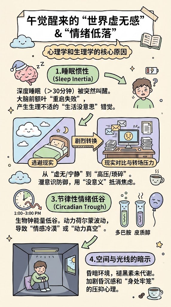 Linbintalk's tweet image. 不知道从什么时候开始，大概有好几年了，经常在午睡醒来后会有一种强烈的虚无感，情绪低落，体会不到生活的意义。虽然知道这是幻觉，但一直不清楚背后的原因，突发好奇让AI 解释了下，清晰多了。顺便整理了一份应对方案，如果你也有类似的经历，希望有用