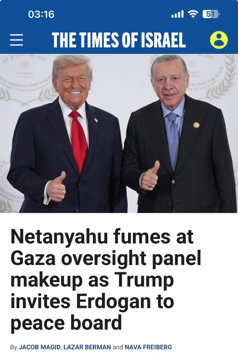 Netanyahu fumes at Gaza oversight panel makeup as Trump invites Erdogan to peace board.
—As he should because having any Islamic nation represented on these boards is ludicrous.

timesofisrael.com/israel-fumes-a…