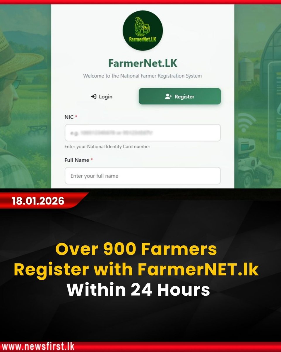NewsfirstSL's tweet photo. Over 900 Farmers Register with https://t.co/EfmosdQynq Within 24 Hours
Details: https://t.co/ER2Kv7o6NW
#newsfirstenglish #latestnews #news #newsfirst #digitalization #services #AgrarianDevelopment #SriLanka https://t.co/s50tp2eH7q