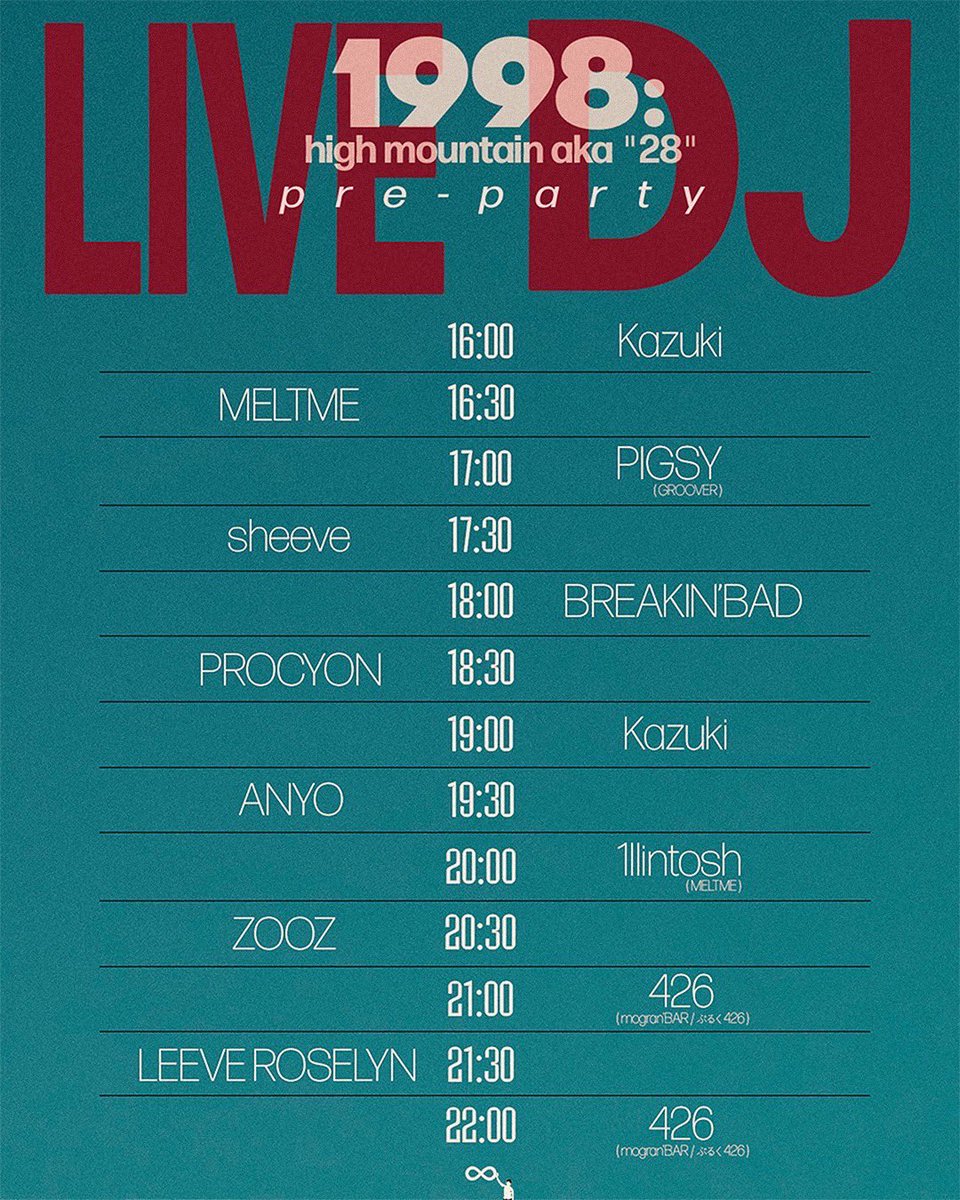 【開催迫る！】

2026年1月24日 (土)
大阪 西成CLUB WATER
「1998:high mountain a.k.a."28" pre party」

Band
ANYO
LEEVE ROSELYN
PROCYON
sheeve
MELTME
ZOOZ

DJ
PIGSY (GROOVER)
1llintosh (MELTME)
BREAKIN’BAD
Kazuki
426(mogran'BAR / ぶるく426)

VJ
Shunma

*TICKET
forms.gle/HcyMsrdD9DqJtS…