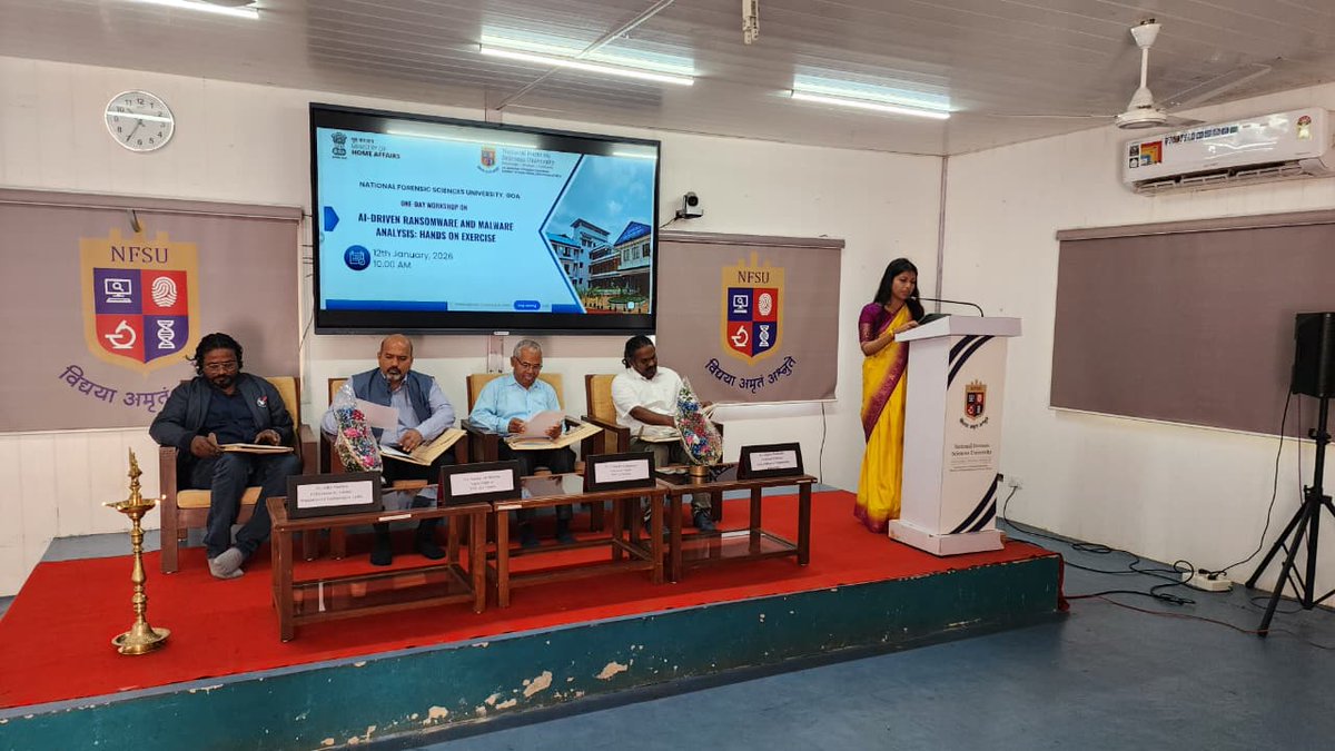 A One-Day Hands-on Workshop on “AI-Driven Ransomware and Malware Analysis” was conducted on 12 Jan 2026 at NFSU Goa Campus. Participants engaged in practical sessions on contemporary cyber threats and got insight into variants of Ransomeware, attack modus operandi and techniques