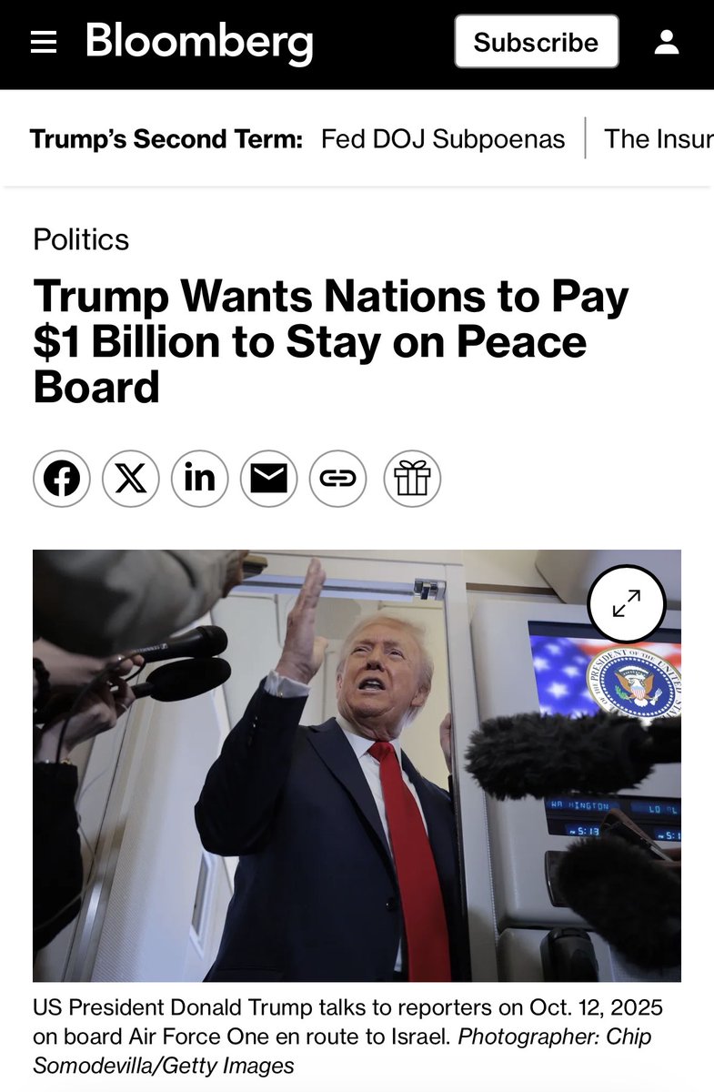 On peut rejoindre gratuitement un "Conseil de la paix" pour administrer Gaza. On a alors une place garantie pendant 3 ans. Tous les votes sont conditionnés à l'approbation de Trump.

Ou alors on peut payer 1 milliard de dollars pour une place permanente. Et tous les votes 1/