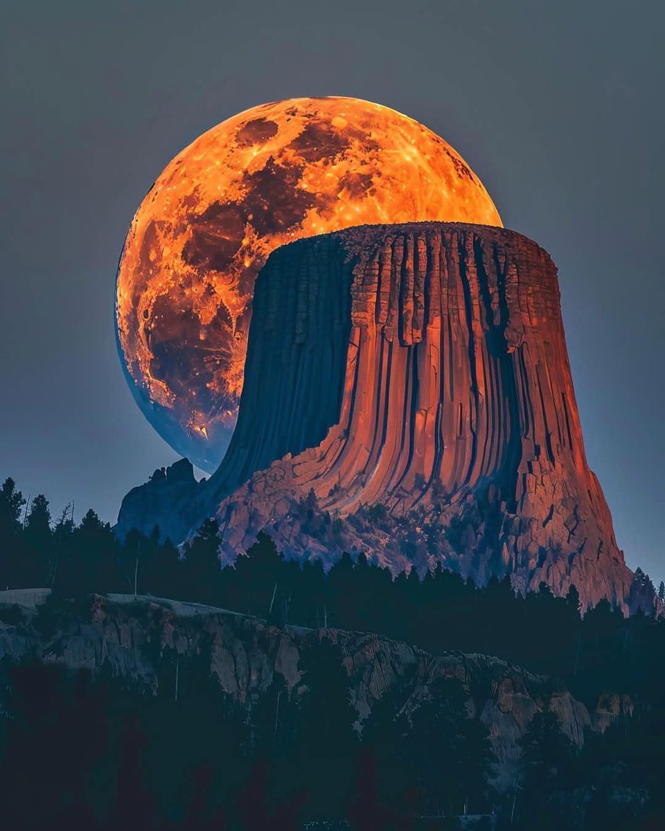 NightSkyToday's tweet image. 1st Full Moon of 2026 captured rising behind the Devil's Towers in Wyoming, USA 🇺🇸