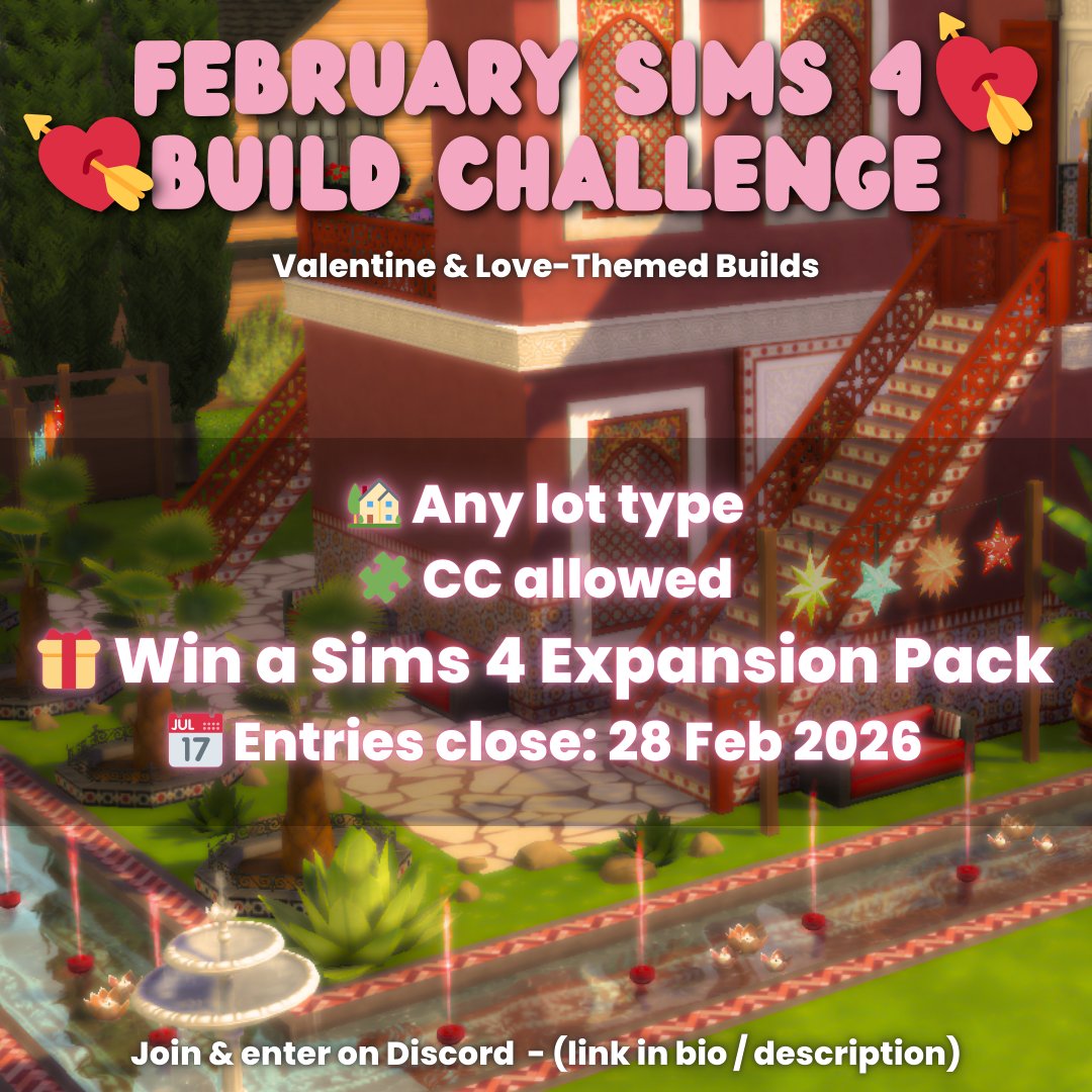 PrettyPoisonSim's tweet photo. 💘 February Sims 4 Build Challenge 💘
Create a Valentine / love-themed build in The Sims 4 🏡
✨ CC allowed
🎁 Win a Sims 4 Expansion Pack (PC · EA App only)
📅 Entries close Feb 28, 2026
Join via Discord 💗
#TheSims4 #SimsBuild #SimsChallenge #SimsCommunity https://t.co/o2wTnZYrB0