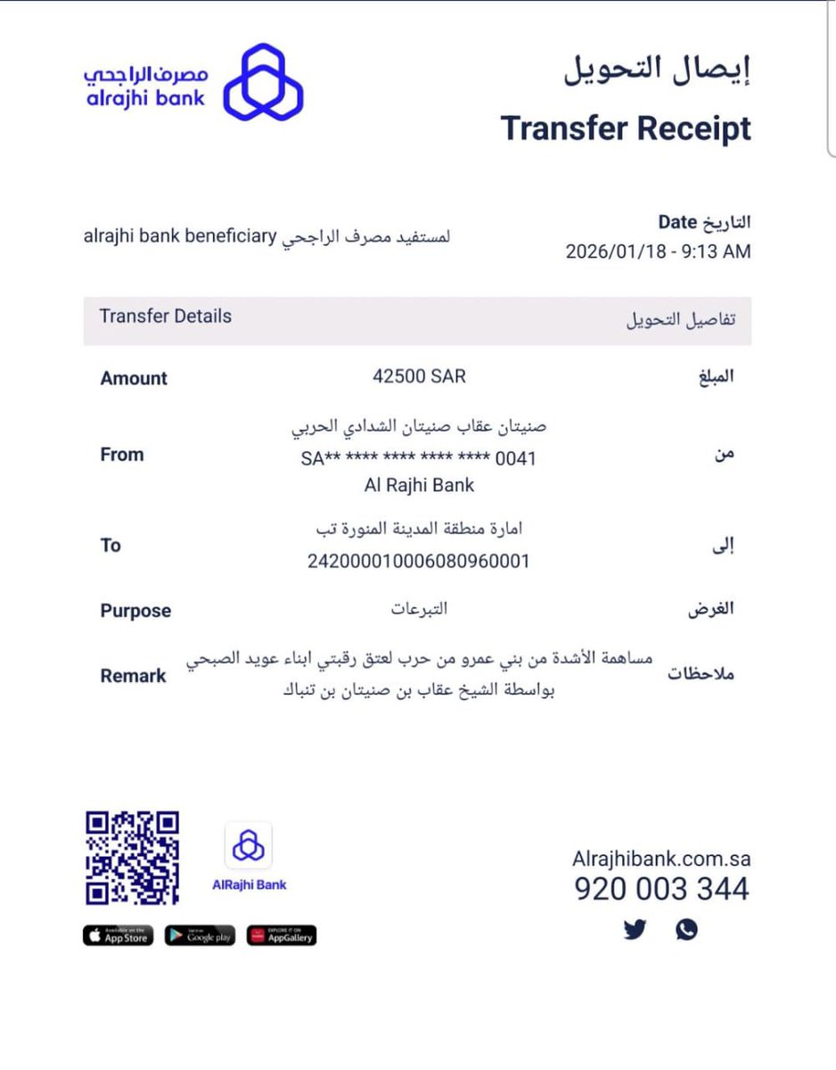 مساهمة قبيلة الأشدة من بني عمرو من حرب
في #عتق_رقبتي_مقبل_ومرزوق_الصبحي

بواسطة الشيخ عقاب بن صنيتان بن تنباك

مبلغ وقدره ( 42500 ) اثنان وأربعون ألفاً وخمس مئة ريال . 
جزاهم الله خير الجزاء .