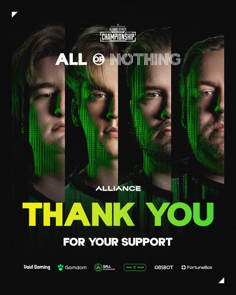 Championship is over and the ALGS trophy eludes us once more.

We keep grinding and the rewards will follow, onwards to greater things in year 6!

Thank you for your support!💚
#LongLiveAlliance