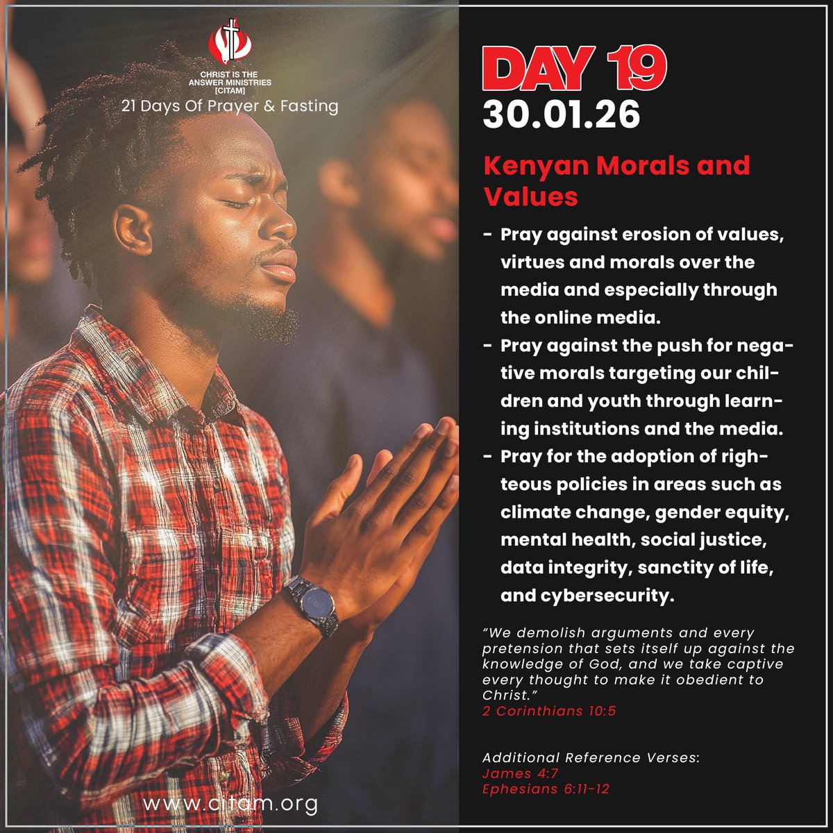 CitamVrdKE's tweet photo. Here are the prayer points for Day 19 of the 21 days of Congregational Prayer and Fasting.
Almighty God, we come before You today to pray against the erosion of values, morals and virtues amongst our people.
#21daysofprayerandfasting #IsAnythingTooHardForTheLord https://t.co/sp612rL7yu